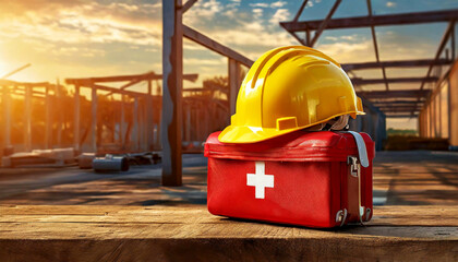 Closeup of a yellow safety helmet and a red first aid kit on a construction site. Concept of construction industry and workplace security. Generative Ai.