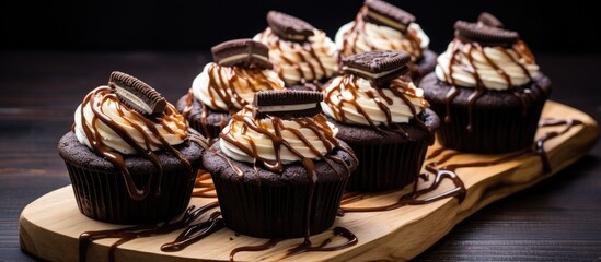 Poster - Delicious Cupcakes Displayed on Rustic Wooden Board, Tempting Dessert Treats for Bakery