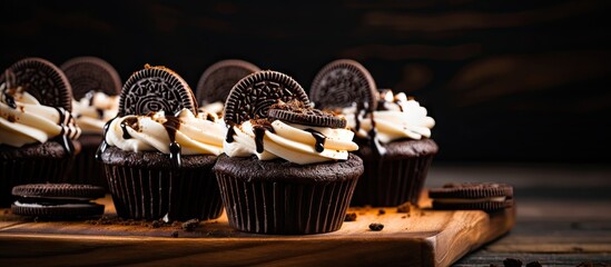 Fototapete - Delicious Cupcakes Arranged on Rustic Wooden Board - Sweet Bakery Treats Display