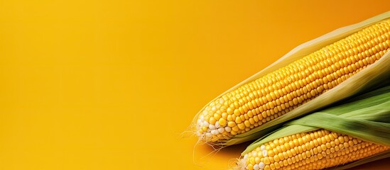 Poster - Vibrant Harvest: Two Fresh Ears of Corn on a Sunny Yellow Background