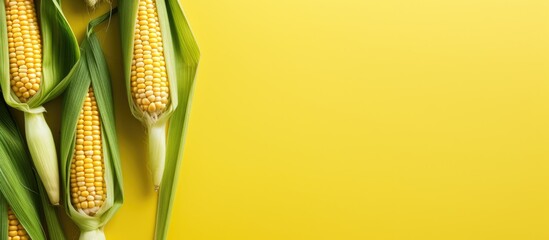 Poster - Vibrant Fresh Corn on Cheerful Yellow Background, Organic Agriculture Harvest Concept