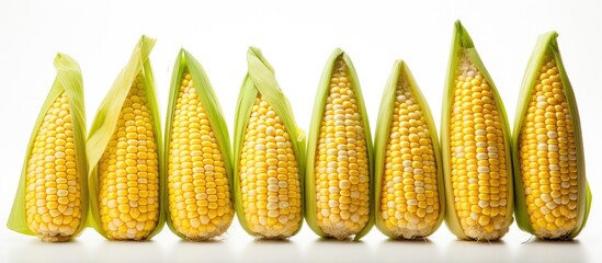 Poster - Fresh Organic Corn on Cob - Vibrant Yellow Maize Vegetables on White Background