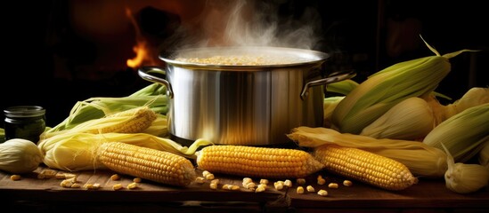 Poster - Freshly Harvested Corn in a Rustic Setting on Wooden Surface, Healthy and Organic Food Concept