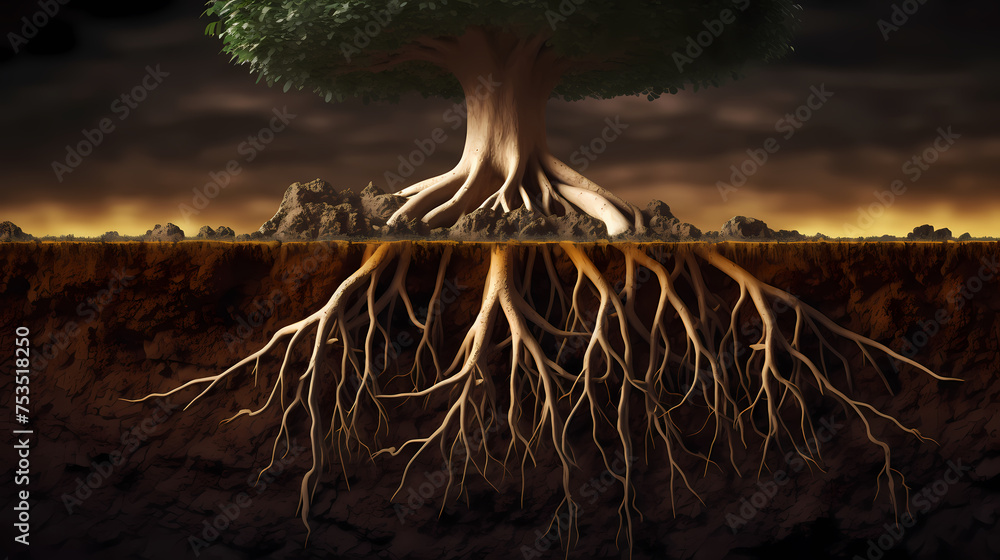 Root system of a tree growing underground, soil cross section Stock ...