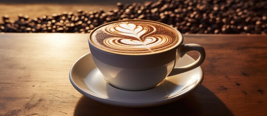 Aufkleber - Mug of Freshly Brewed Coffee Resting on Wooden Table in Cozy Cafe Setting