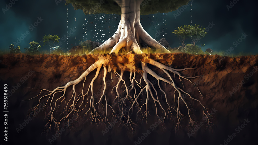 Ilustración de Stock Root system of a tree growing underground, soil ...