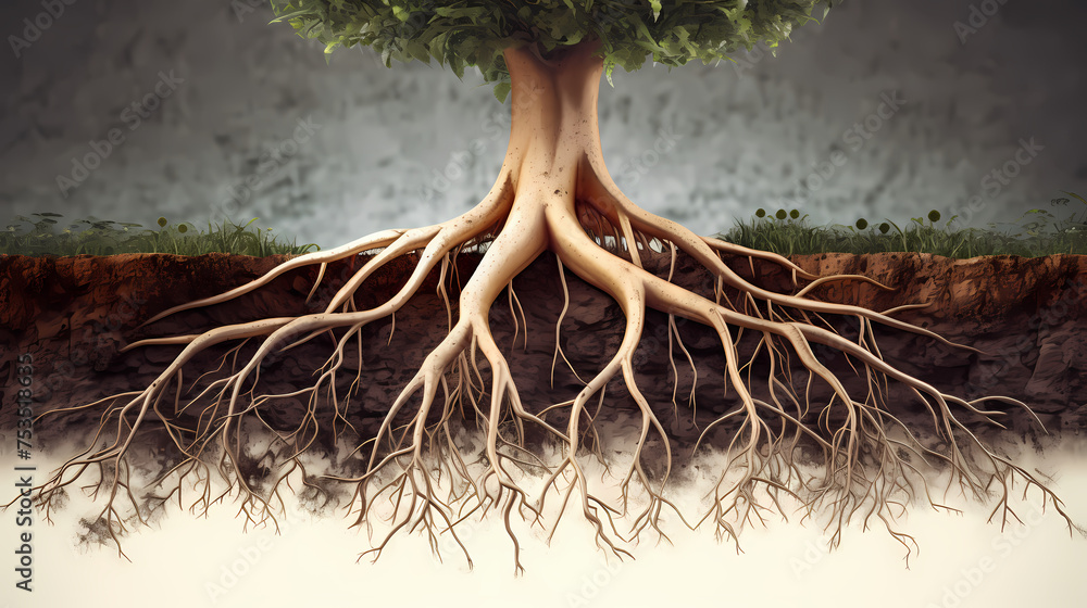 Root system of a tree growing underground, soil cross section Stock ...