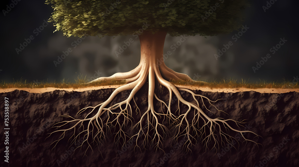 Root system of a tree growing underground, soil cross section Stock ...