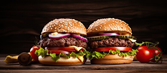 Poster - Juicy Homemade Hamburgers with Lettuce and Tomatoes on Rustic Wooden Table