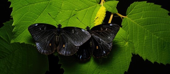 Poster - Elegant black butterfly perched gracefully on vibrant green leaf in nature