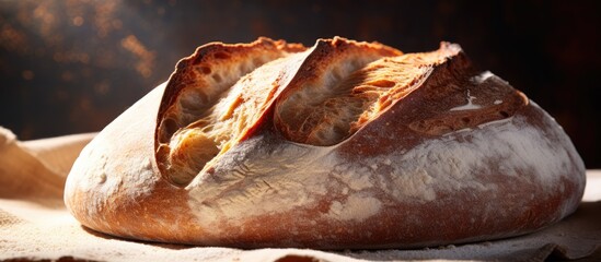 Poster - Rustic Loaf of Bread Placed on Wooden Table in Cozy Kitchen Setting