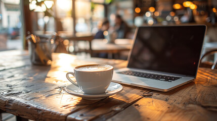 Wall Mural - A cup of coffee and laptop computer on wooden table