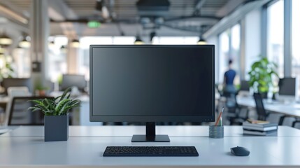 screen monitor mockup with a modern office workspace background