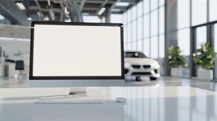 Wall Mural - A monitor laptop with a blank white screen on a table, set against the backdrop of a modern car showroom.
