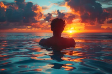 Wall Mural - A solitary figure contemplates the vast ocean before him as the sun sets, creating a moment of introspection and calm