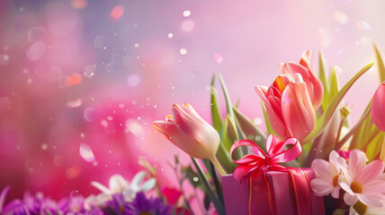  A bouquet of tulips and a gift, evoking feelings of celebration.