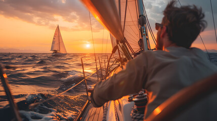 Wall Mural - A group of friends on a boat, with sparkling water in the background, during a sailing adventure