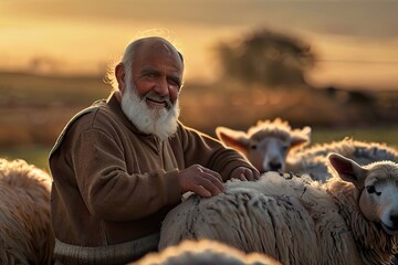 Old shepherd with his flock of sheep.