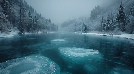 Sticker - Cracks on the surface of the blue ice. Frozen lake in winter mountains. It is snowing. The hills of pines. Carpathian Ukraine Europe.