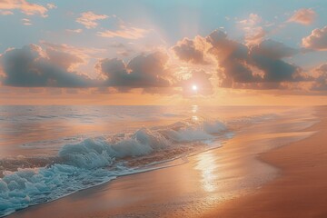 Wall Mural - Majestic Sunset Sky With Vibrant Colors Casting Light Over Ocean Waves And Sandy Beach Scenery