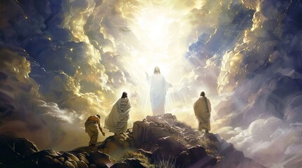 Wall Mural - Majestic view of Jesus Christ transfigured on the mountain, shining with divine light, witnessed by Peter, James, and John