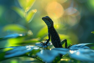 Wall Mural - A beautiful green reptile, a miniature iguana, in its natural habitat.