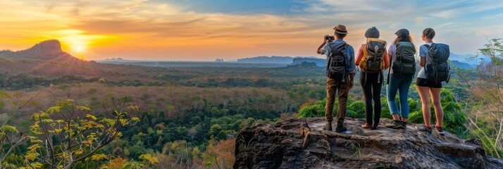 Wall Mural - Adventurous hikers on a mountain sunset trek, summer outdoor sport and tourism concept