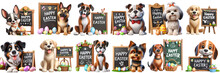 Cutout Set Of 3D Cartoon Happy Dogs Sitting Next To Chalkboard Sign With Text 'Happy Easter' And Decoration, On Transparent Or White Background