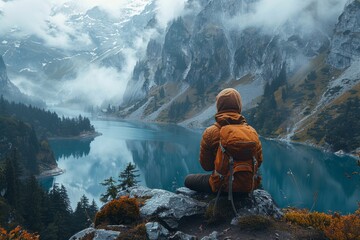 Wall Mural - An individual in an orange winter jacket sits alone atop a rock, contemplating a serene alpine lake