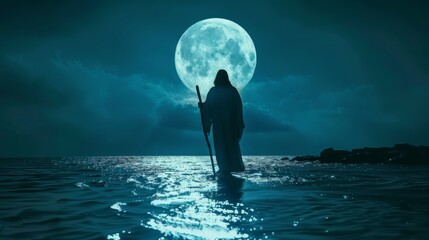 Sticker - Silhouette of Jesus Christ walking on water during a full moon night, portraying a miraculous scene.