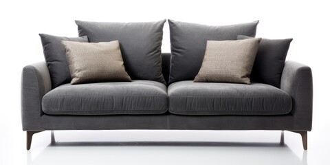 Poster - Contemporary 2-seater gray sofa with pillow, isolated on white background.