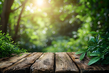 Empty wooden table easter time against a natural sunny blurred garden banner background 6