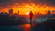 A runner at dawn, with urban cityscape silhouetted in the background, during a refreshing morning jog