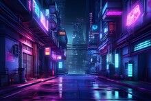 This Digital Artwork Captures A Scene From A Hightech Dystopian Future Where An Alleyway Is Bathed In The Neon Glow Of Holographic Projections And Graffiti The Interplay Of Shadows And Lights
