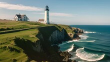 Video Animation Footage Of  Lighthouse And An Adjacent House Perched On Green Cliffs Overlooking The Ocean. Waves Crash Against The Rocky Shores Below