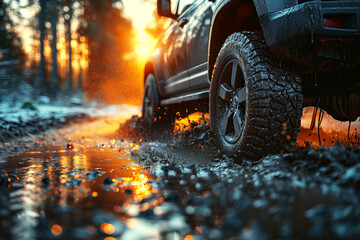 Wall Mural - dirty wheel with a 4x4 SUV tire on dirty off-road vehicle in nature in winter at sunset