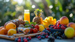 A healthy breakfast spread, with colorful fruits and nutritious foods as the background, during a vibrant morning meal