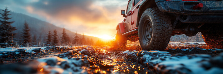 Wall Mural - dirty wheel with a 4x4 SUV tire on a dirty off-road vehicle in nature in winter