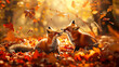 A pair of red foxes playing amidst vibrant autumn leaves, their fur standing out against the rich greenery of the forest.