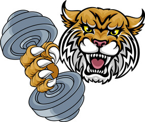 Wall Mural - A wildcat cougar lynx lion weight lifting gym animal sports mascot holding a dumbbell weight in his claw
