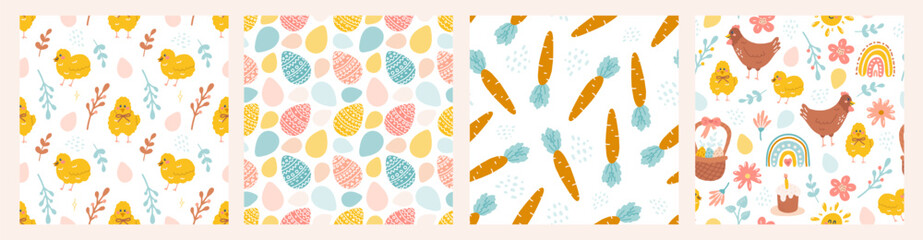 Wall Mural - Happy Easter. Vector seamless pattern set. Rabbit, Easter eggs, flowers and chickens