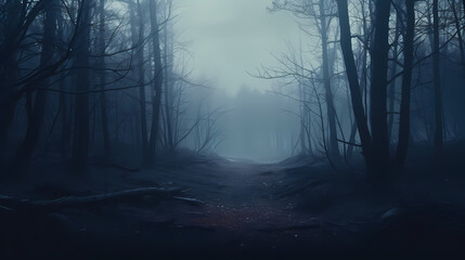  Foggy dark forest path scary melancholy background