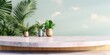 Minimal kitchen scene with abstract tropical backdrop for showcasing products on a marble podium.