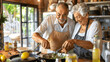 An image of a senior couple engaged in a cooking class, illustrating the joy of learning new culinary skills and maintaining a healthy lifestyle through nutritious meals