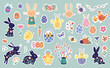 Easter stickers collection, seasonal springtime decorations, rabbits, flowers, eggs isolated on white background