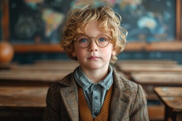 A young boy with curly hair and round glasses poses in front of a blurred classroom background