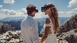 Bride and Groom with VR Headsets on Mountain Elopement