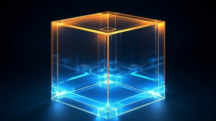 Wall Mural - A glowing blue neon cube, representing a futuristic box or block, shines as a laser cube against a transparent background.