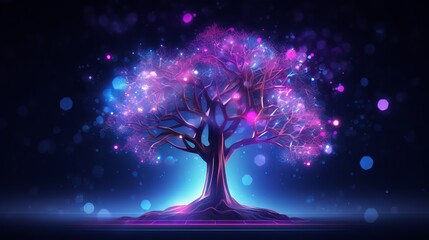 Wall Mural - A holographic neon tree creates a futuristic technology background, offering a unique visual appeal.