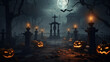 Halloween pumpkins on the background of cemetery cross